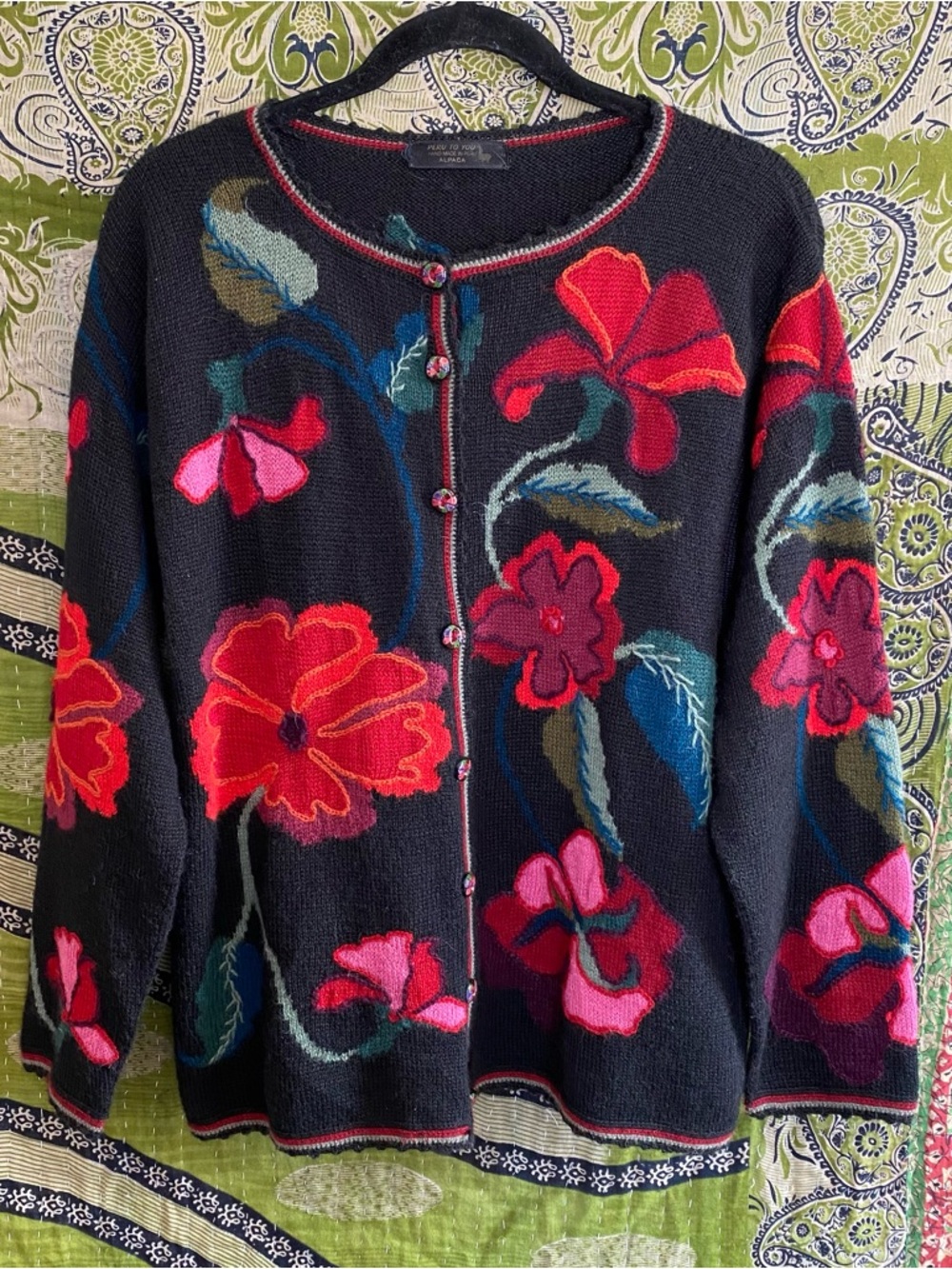 Peru To You Black Floral 100% Alpaca Hand Knit Farmhouse Cardigan Size Large